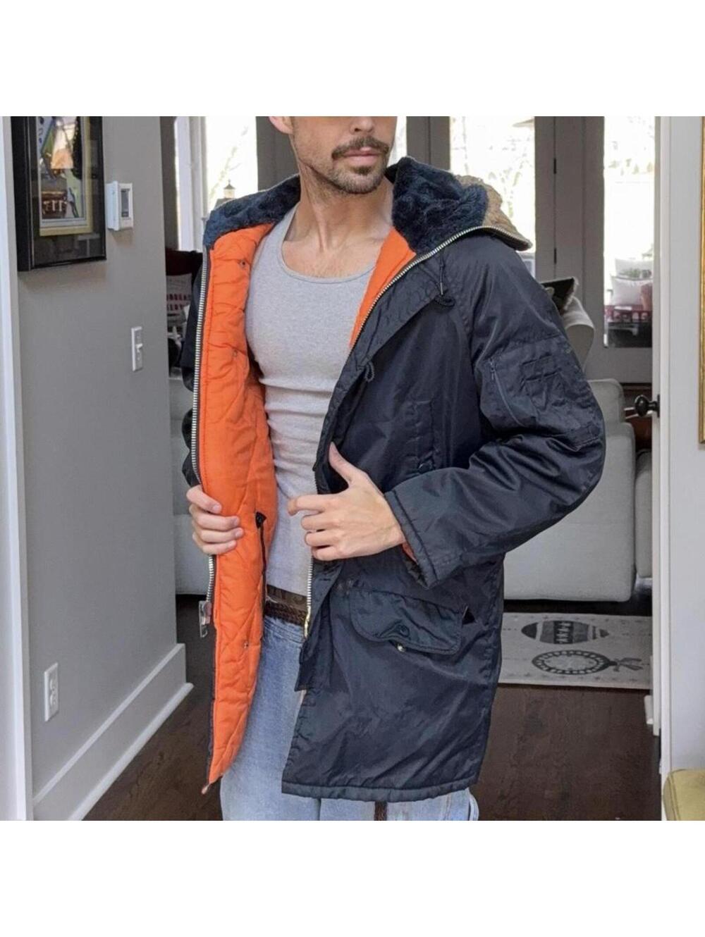 🧥 Vintage Sears Snorkel Parka Jacket Mens M Orange Lined Faux Fur Hood